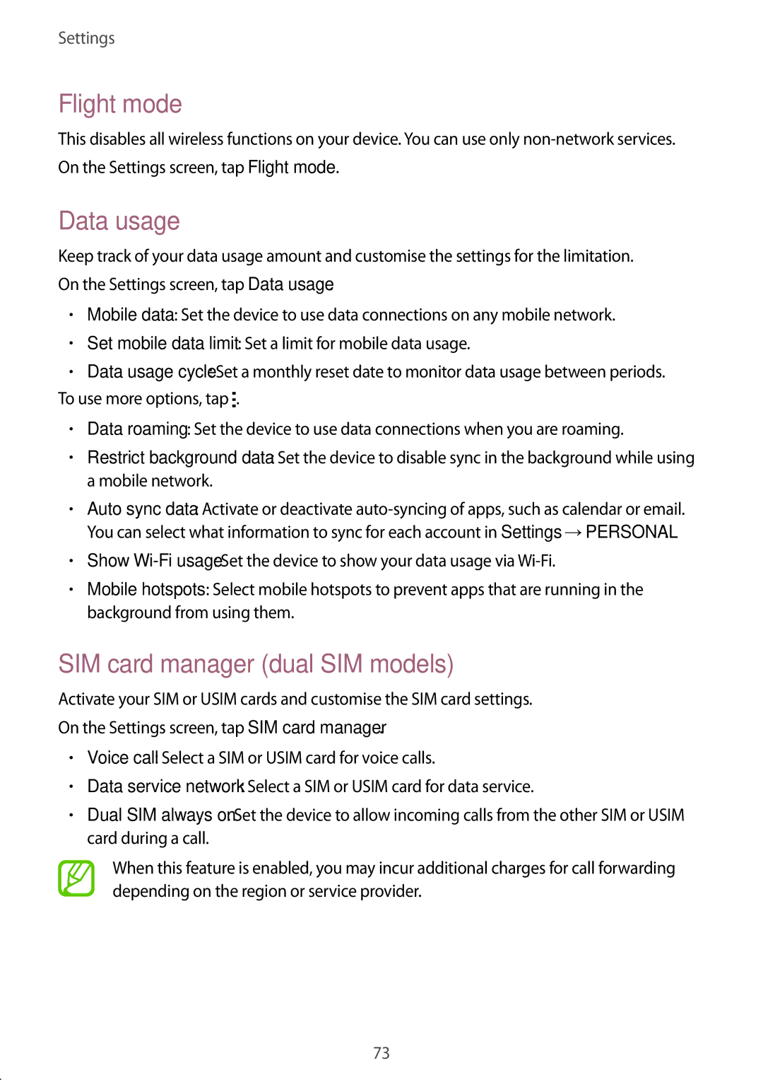 Samsung SM-G318HZKAORX, SM-G318HZKAXEF, SM-G318HRWABOG manual Flight mode, Data usage, SIM card manager dual SIM models 