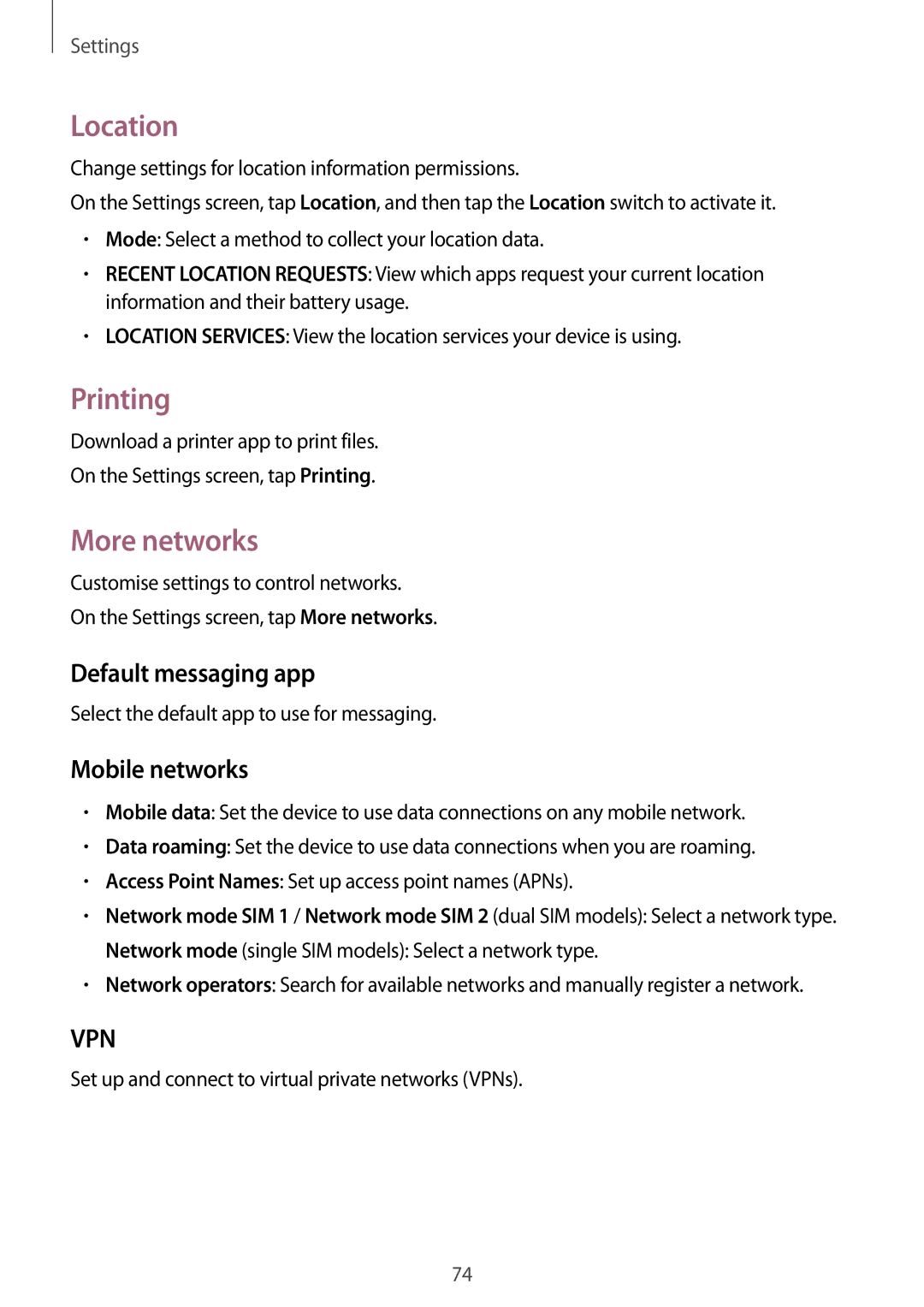 Samsung SM-G318HRWATMH, SM-G318HZKAXEF manual Location, Printing, More networks, Default messaging app, Mobile networks 