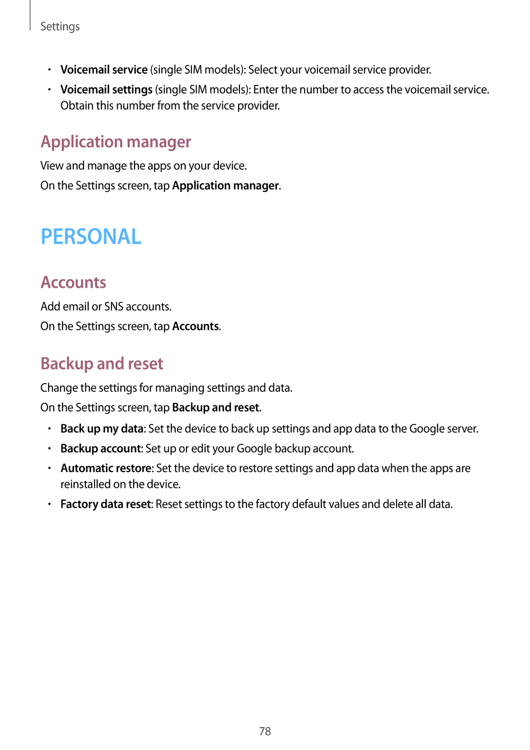 Samsung SM2G318HRWAETL, SM-G318HZKAXEF, SM-G318HRWABOG, SM-G318HZKASFR manual Application manager, Accounts, Backup and reset 
