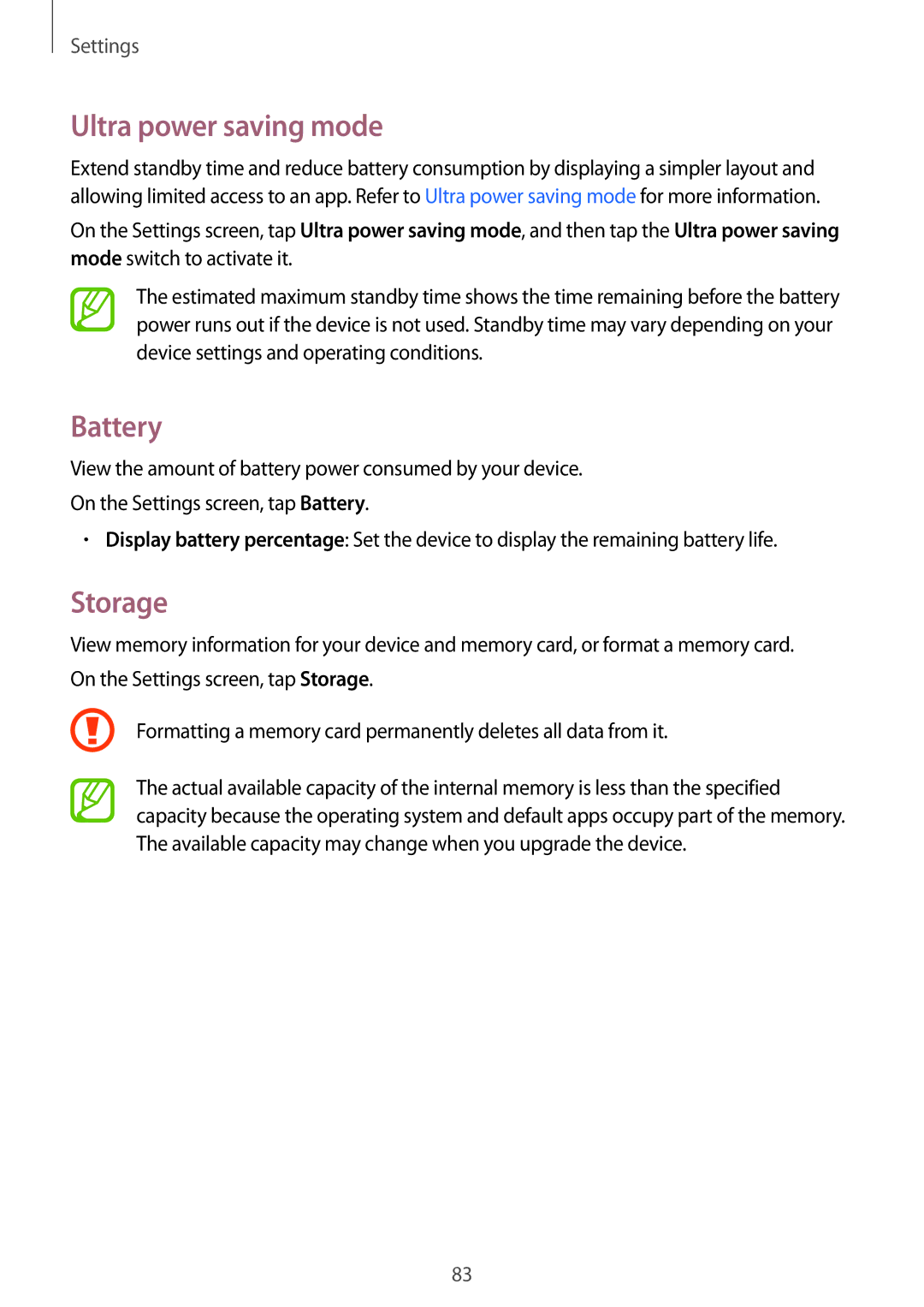 Samsung SM-G318HRWAEUR, SM-G318HZKAXEF, SM-G318HRWABOG, SM-G318HZKASFR, SM-G318HZKABOG, SM-G318HRWASFR manual Battery, Storage 