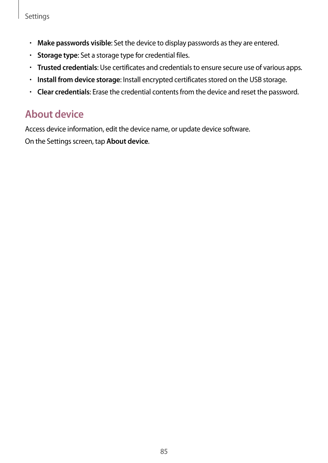 Samsung SM-G318HZKAXEH, SM-G318HZKAXEF, SM-G318HRWABOG About device, Storage type Set a storage type for credential files 