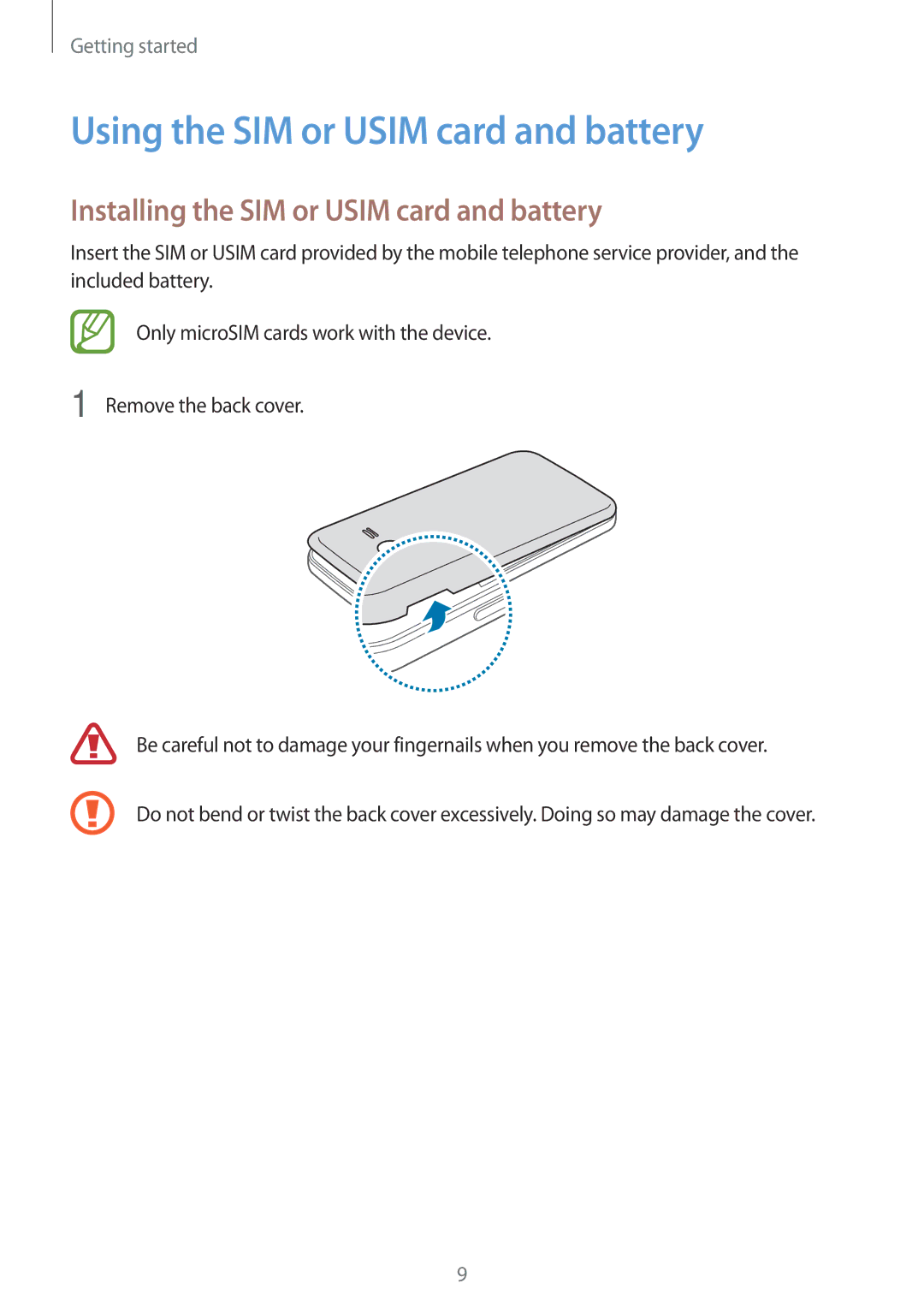 Samsung SM-G318HZKADPL, SM-G318HZKAXEF Using the SIM or Usim card and battery, Installing the SIM or Usim card and battery 