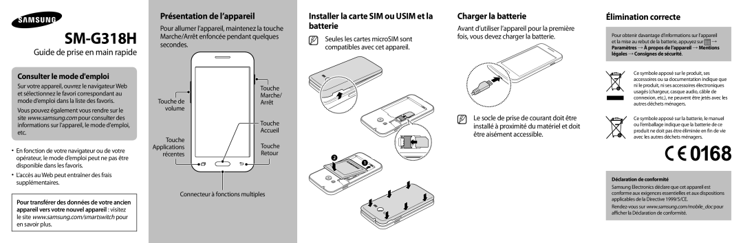 Samsung SM-G318HRWABOG, SM-G318HZKAXEF manual Présentation de l’appareil, Installer la carte SIM ou Usim et la batterie 