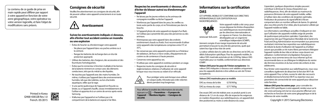 Samsung SM-G318HZKASFR, SM-G318HZKAXEF manual Consignes de sécurité, Informations sur la certification, Avertissement 