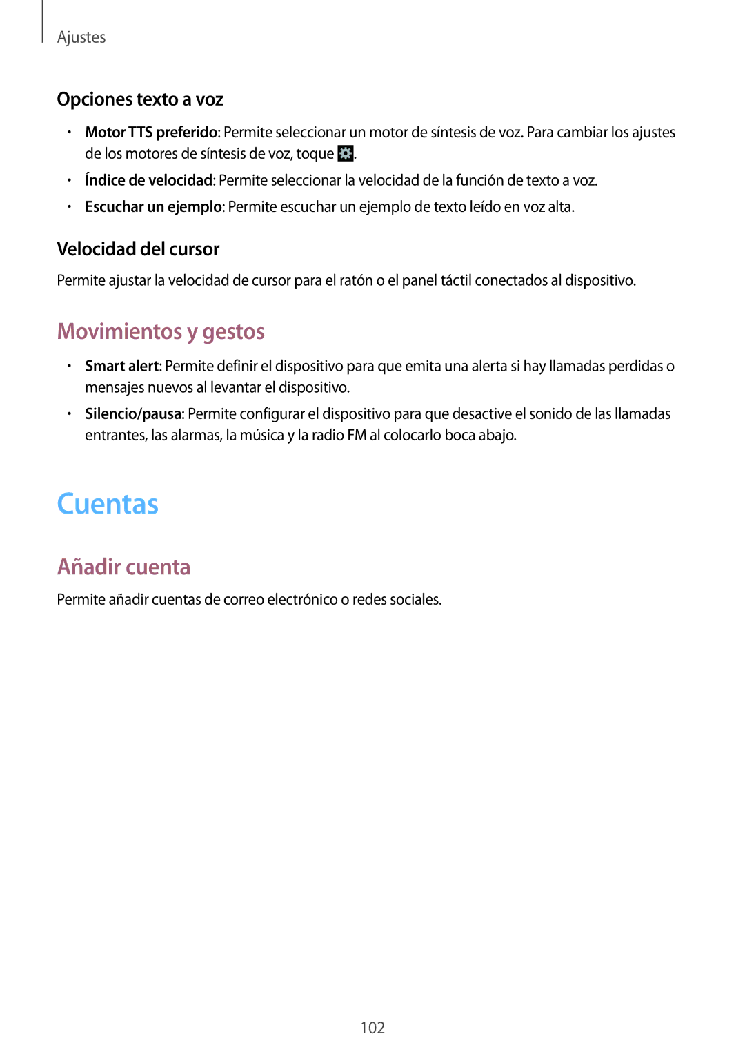 Samsung SM-G3500ZIAYOG manual Cuentas, Movimientos y gestos, Añadir cuenta, Opciones texto a voz, Velocidad del cursor 