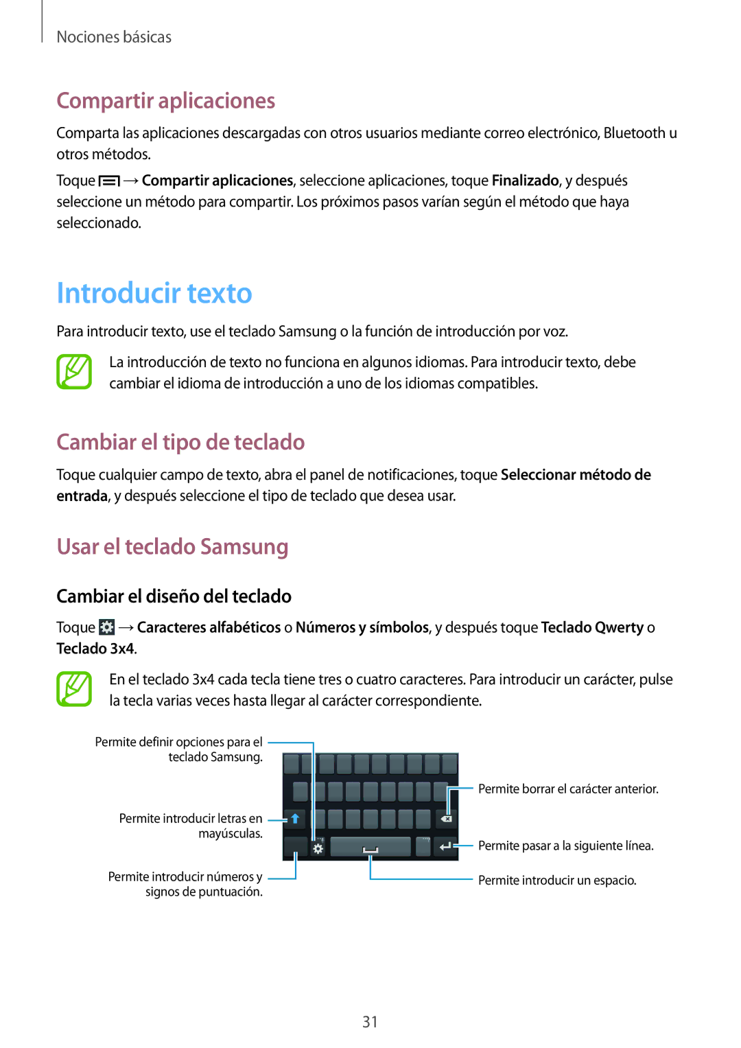 Samsung SM-G3500ZWATMN manual Introducir texto, Compartir aplicaciones, Cambiar el tipo de teclado, Usar el teclado Samsung 