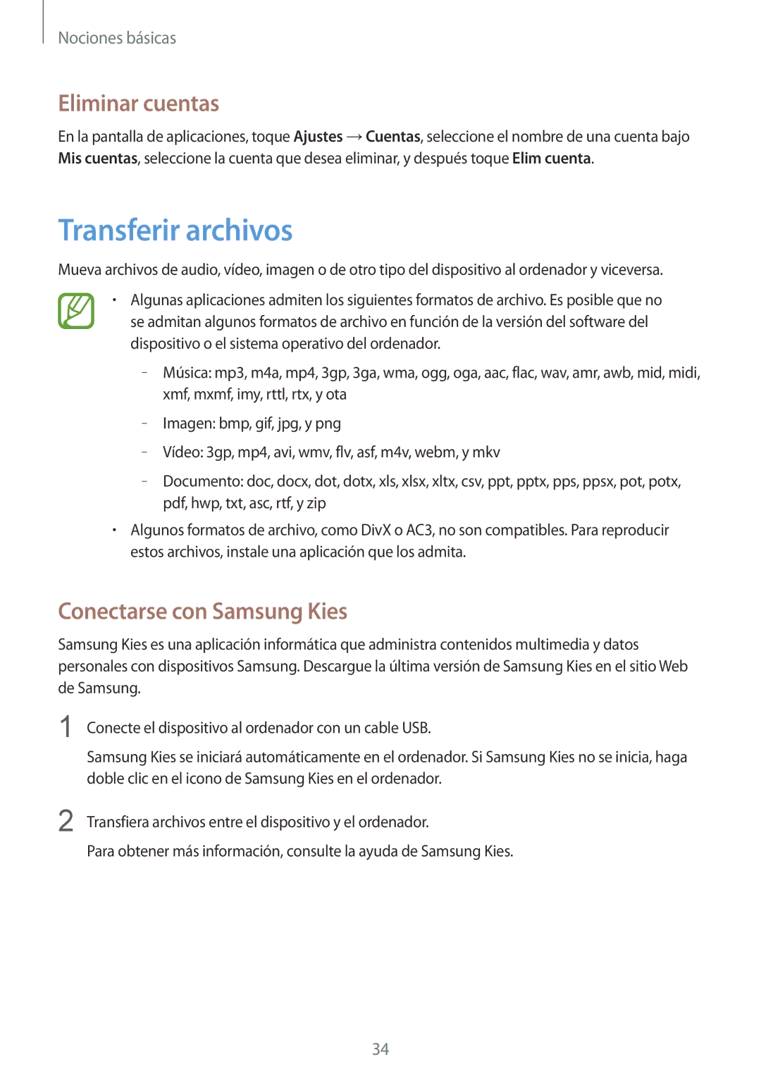 Samsung SM-G3500ZIAXEF, SM-G3500ZIADBT, SM-G3500ZWATMN Transferir archivos, Eliminar cuentas, Conectarse con Samsung Kies 