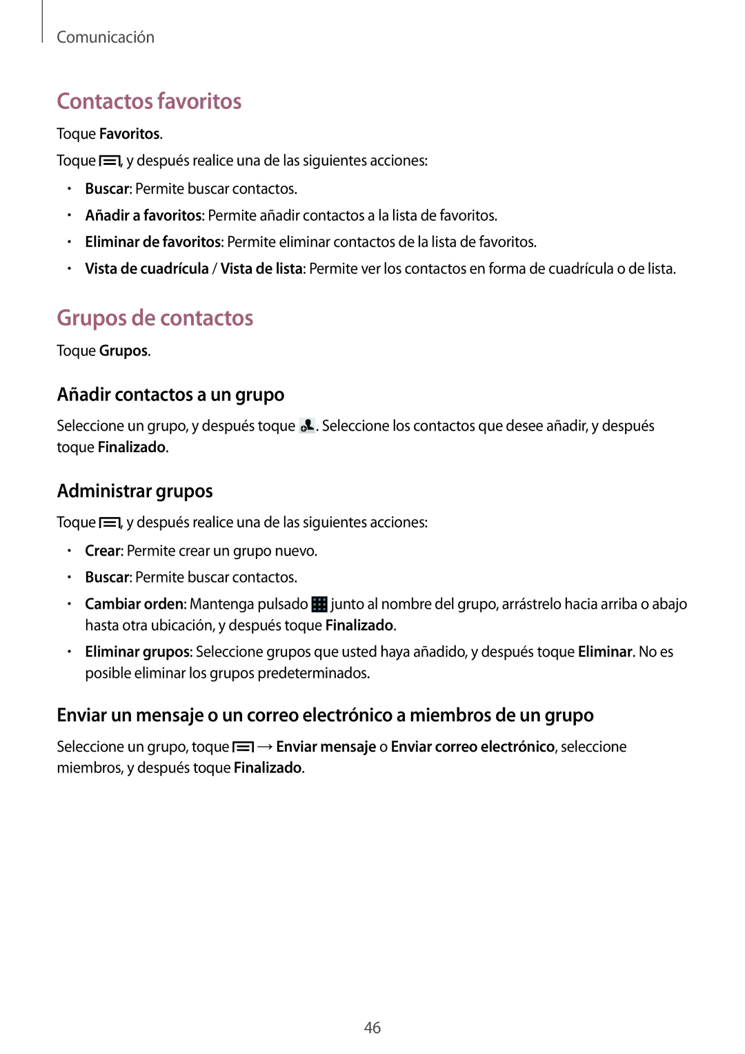 Samsung SM-G3500ZWATMN manual Contactos favoritos, Grupos de contactos, Añadir contactos a un grupo, Administrar grupos 