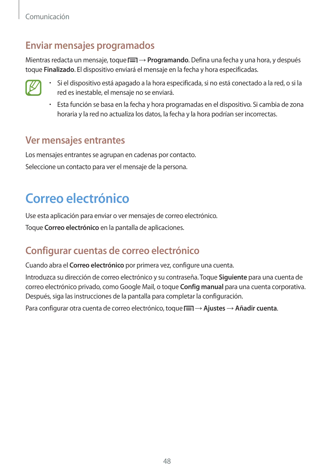 Samsung SM-G3500ZKAXEF, SM-G3500ZIADBT manual Correo electrónico, Enviar mensajes programados, Ver mensajes entrantes 
