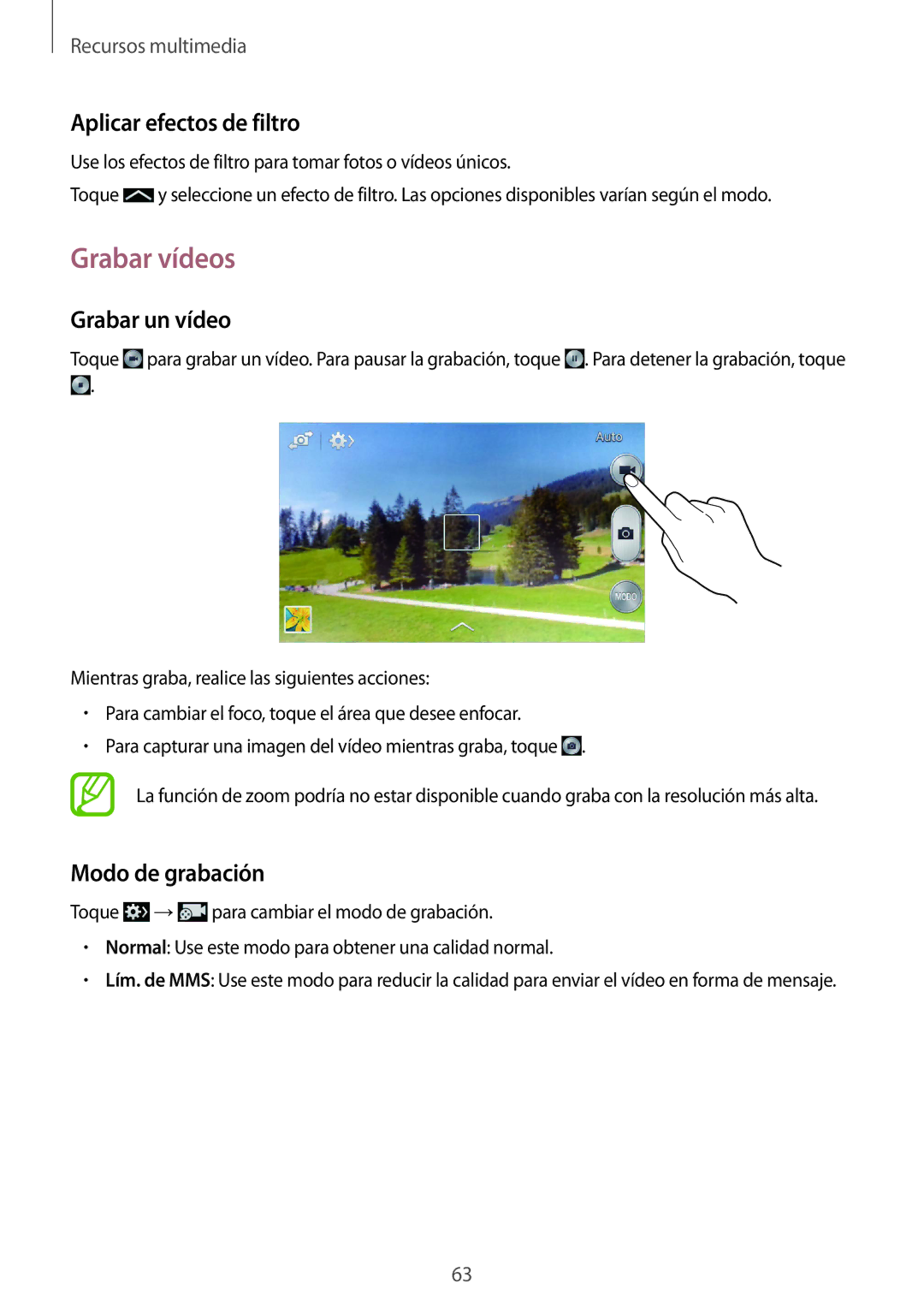 Samsung SM-G3500ZKAXEF, SM-G3500ZIADBT manual Grabar vídeos, Aplicar efectos de filtro, Grabar un vídeo, Modo de grabación 