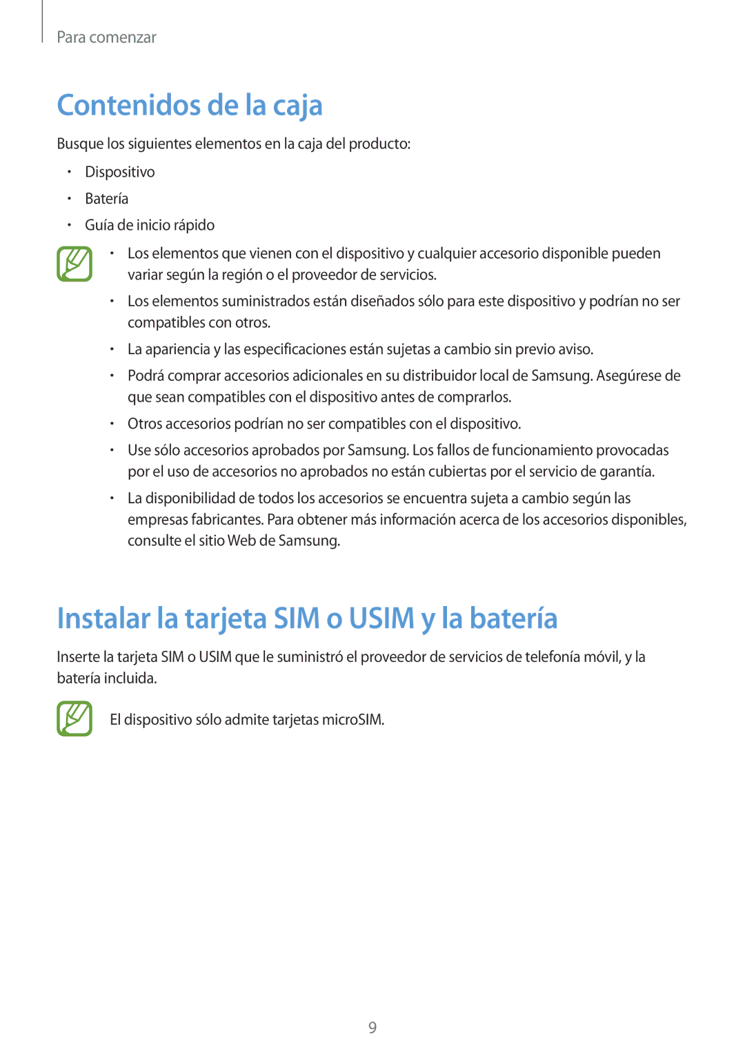 Samsung SM-G3500ZKANEE, SM-G3500ZIADBT, SM-G3500ZWATMN Contenidos de la caja, Instalar la tarjeta SIM o Usim y la batería 