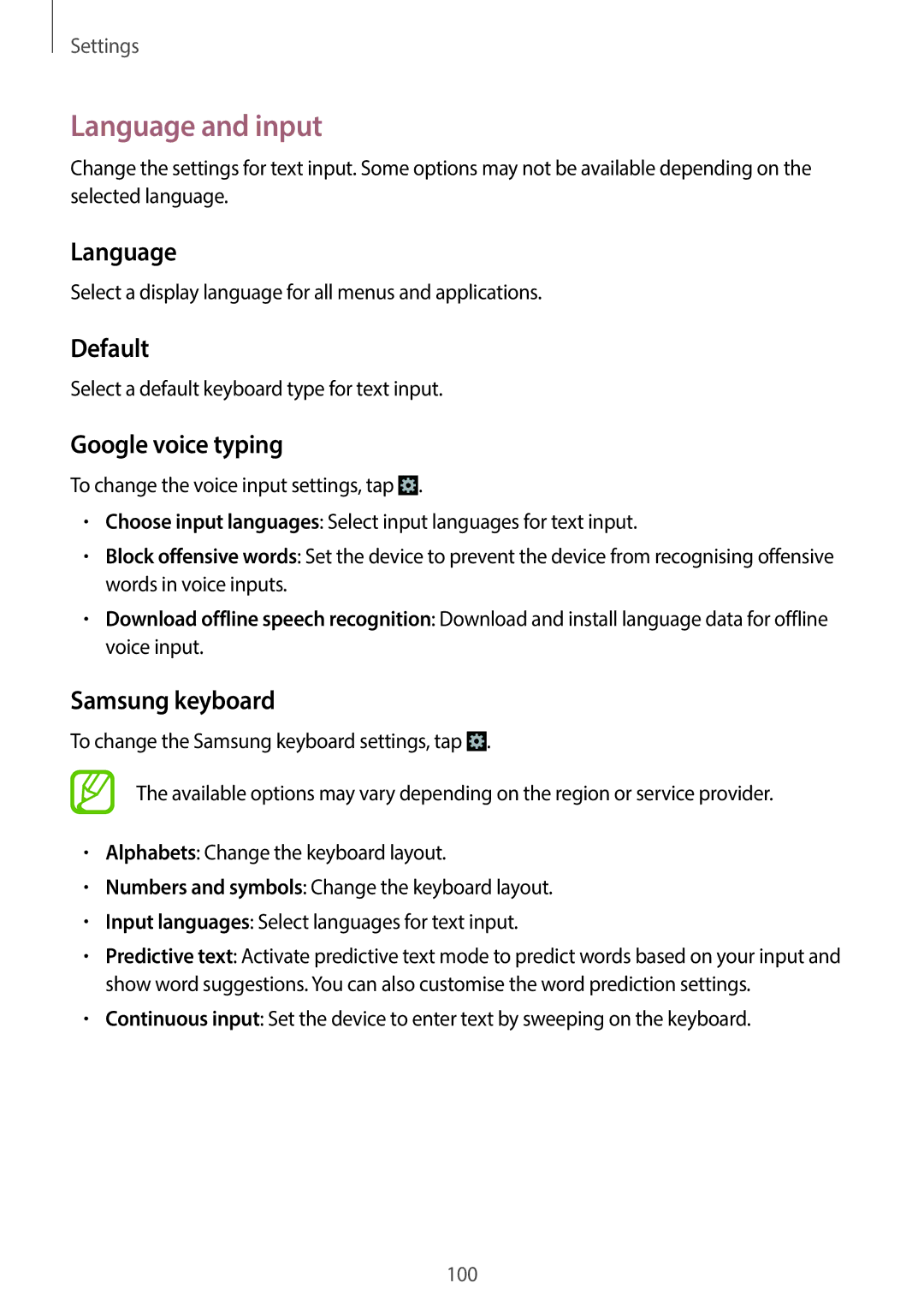 Samsung SM-G3500ZWAWIN, SM-G3500ZIADBT, SM-G3500ZWATPL Language and input, Default, Google voice typing, Samsung keyboard 