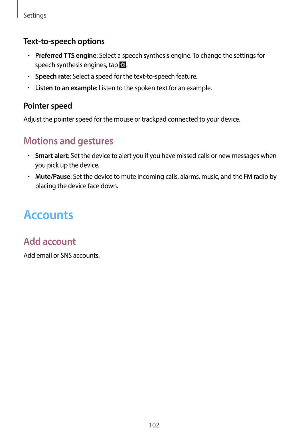 Samsung SM-G3500ZKAWIN, SM-G3500ZIADBT Accounts, Motions and gestures, Add account, Text-to-speech options, Pointer speed 