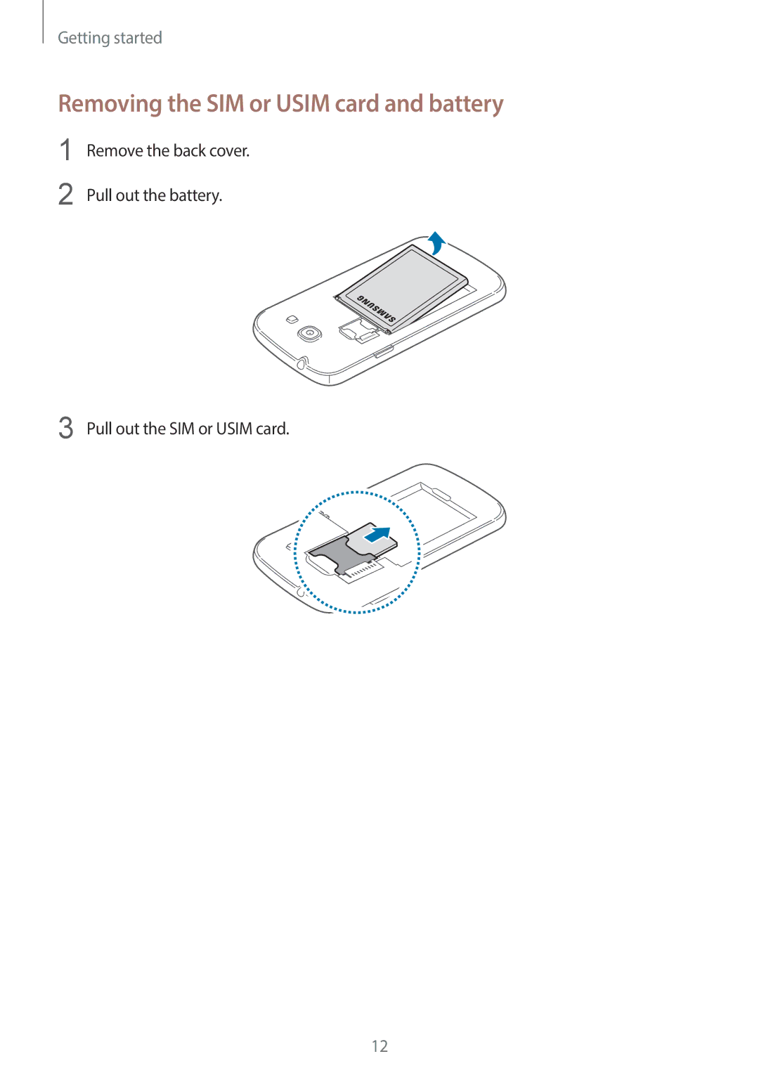 Samsung SM-G3500ZKATPL, SM-G3500ZIADBT, SM-G3500ZWATPL, SM-G3500ZWATMN manual Removing the SIM or Usim card and battery 