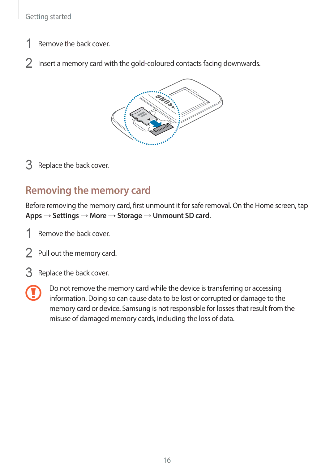 Samsung SM-G3500ZKAVGF, SM-G3500ZIADBT, SM-G3500ZWATPL, SM-G3500ZWATMN, SM-G3500ZKAPRT manual Removing the memory card 