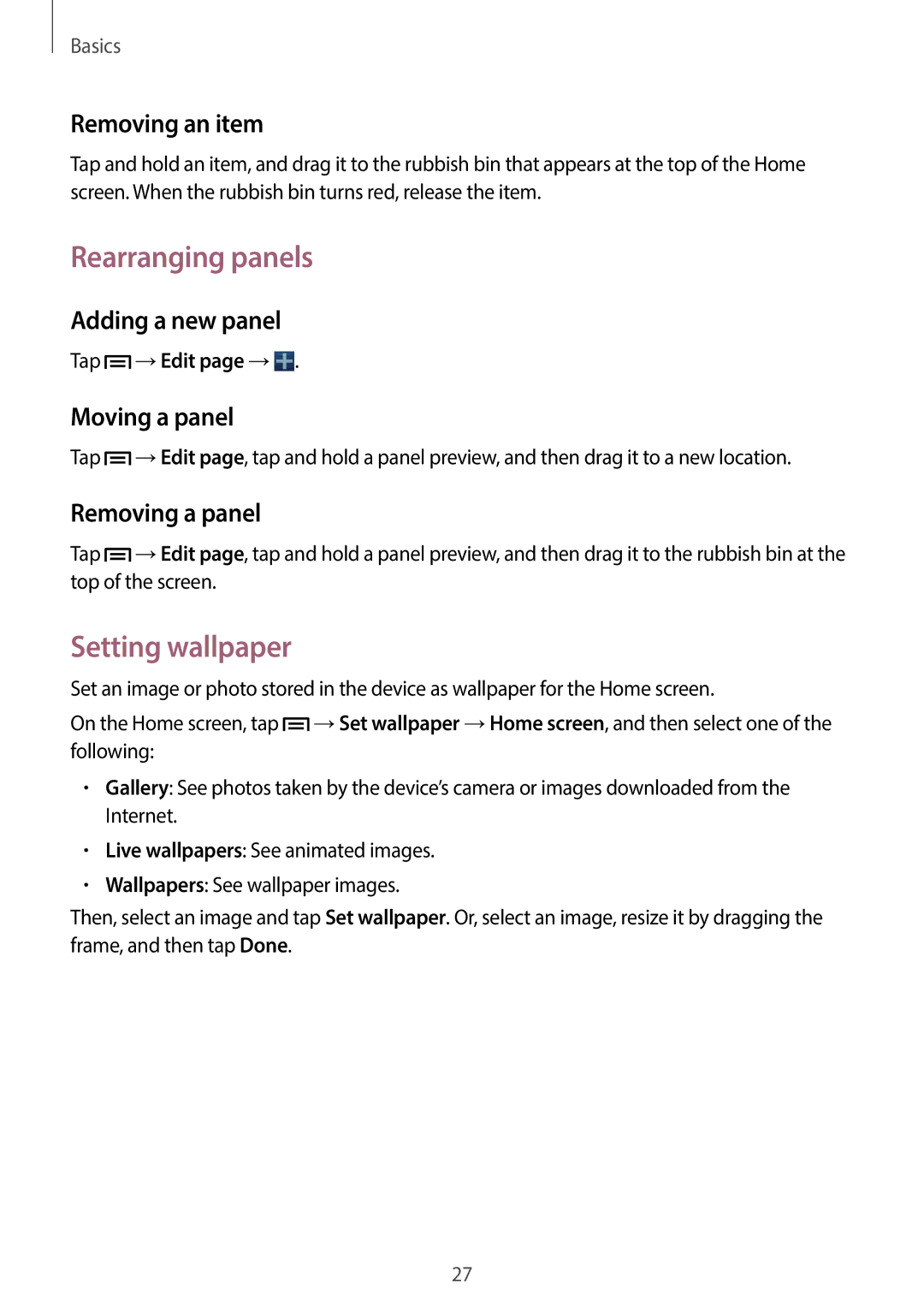 Samsung SM-G3500ZWAHUI, SM-G3500ZIADBT, SM-G3500ZWATPL, SM-G3500ZWATMN, SM-G3500ZKAPRT Rearranging panels, Setting wallpaper 