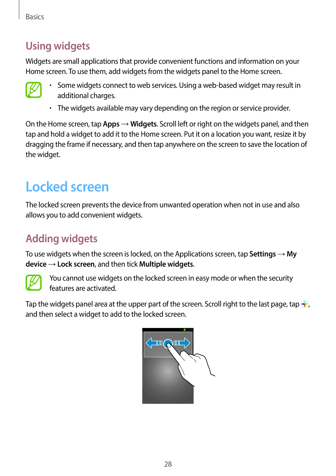 Samsung SM-G3500ZKAWIN, SM-G3500ZIADBT, SM-G3500ZWATPL, SM-G3500ZWATMN manual Locked screen, Using widgets, Adding widgets 