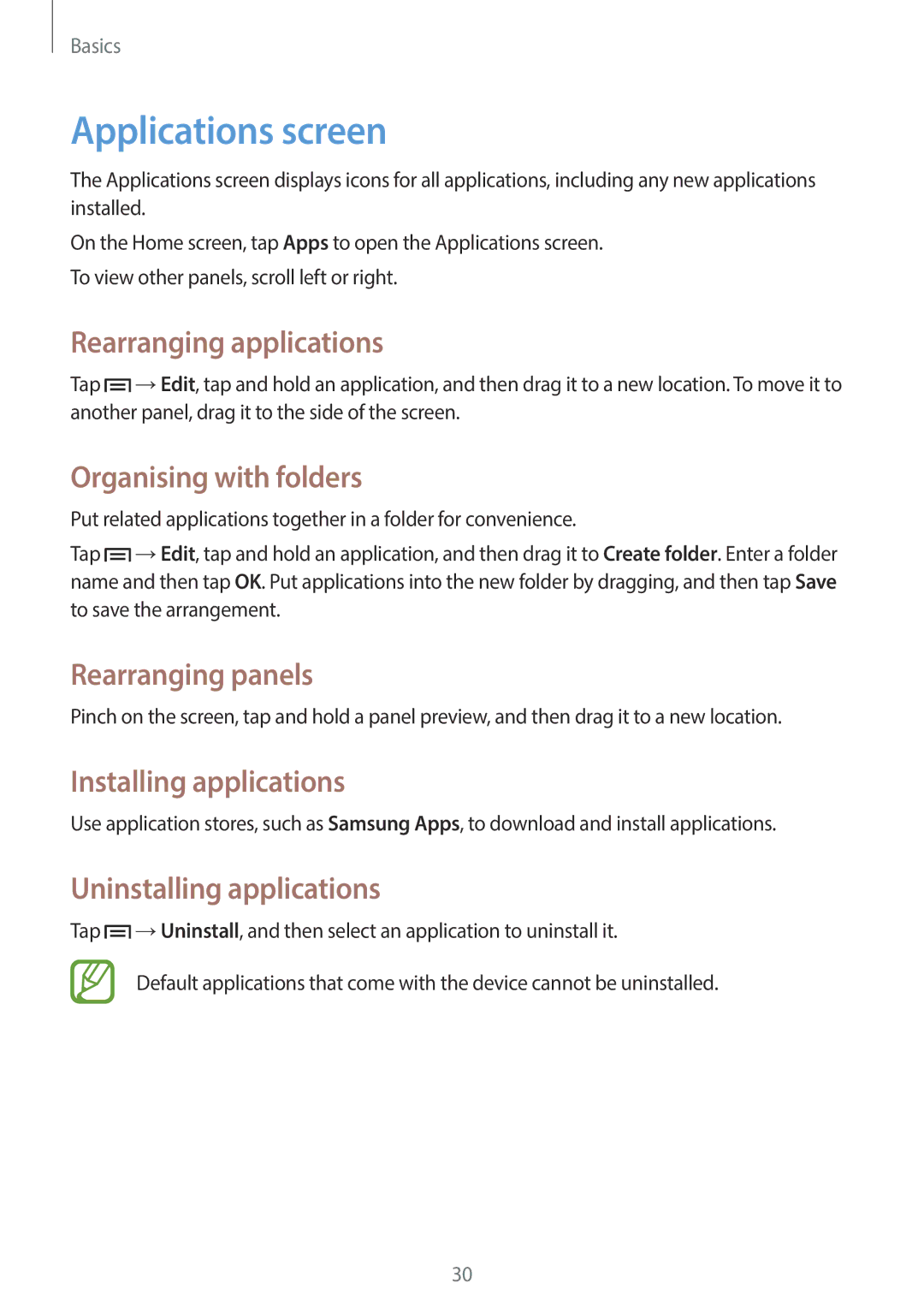 Samsung SM-G3500ZWAITV Applications screen, Rearranging applications, Organising with folders, Installing applications 