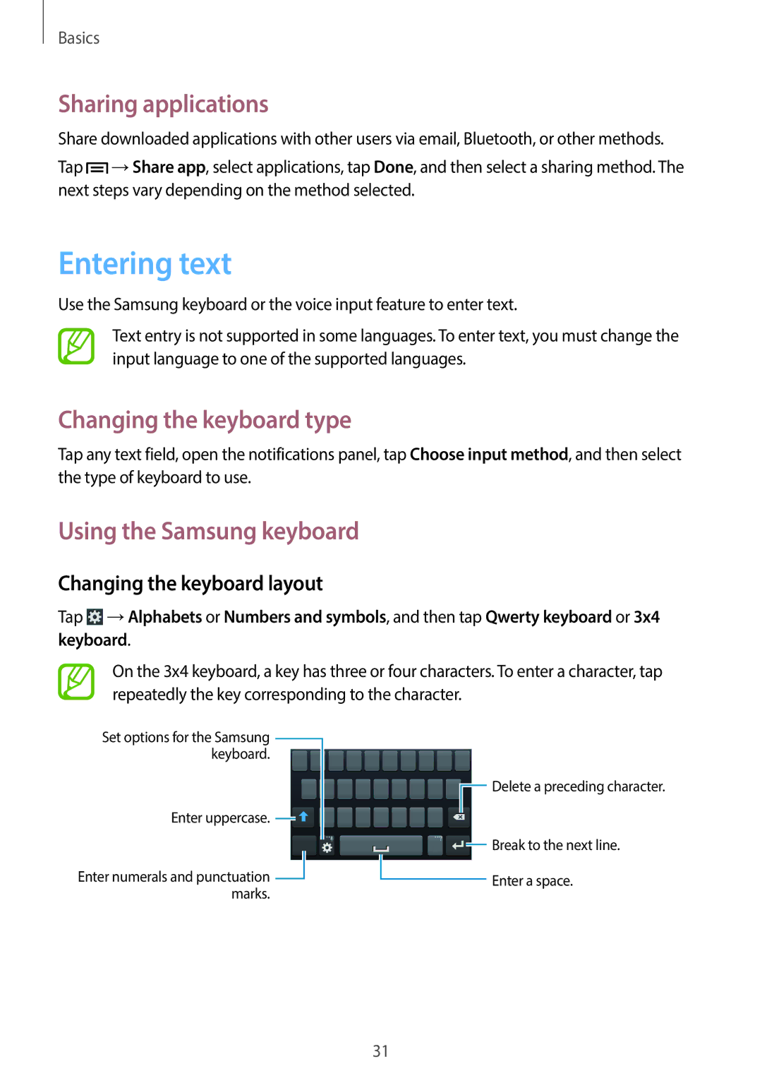 Samsung SM-G3500ZKAYOG manual Entering text, Sharing applications, Changing the keyboard type, Using the Samsung keyboard 