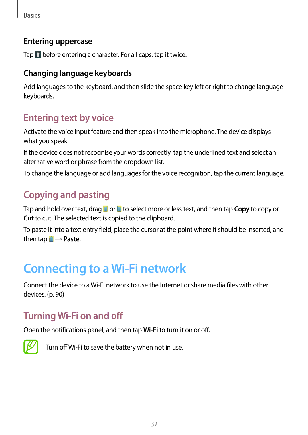 Samsung SM-G3500ZWAYOG, SM-G3500ZIADBT manual Connecting to a Wi-Fi network, Entering text by voice, Copying and pasting 