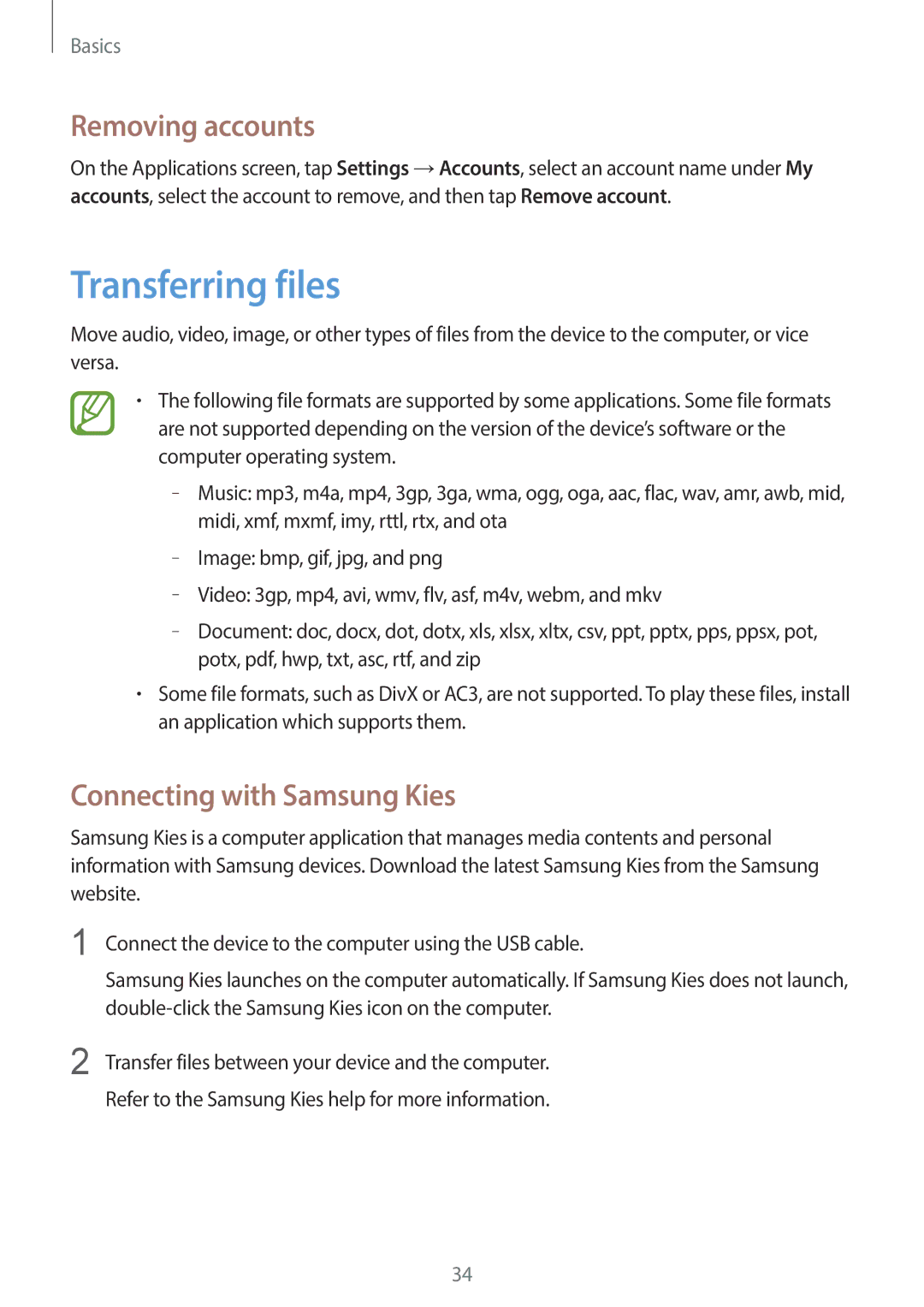 Samsung SM-G3500ZIAPHE, SM-G3500ZIADBT, SM-G3500ZWATPL Transferring files, Removing accounts, Connecting with Samsung Kies 