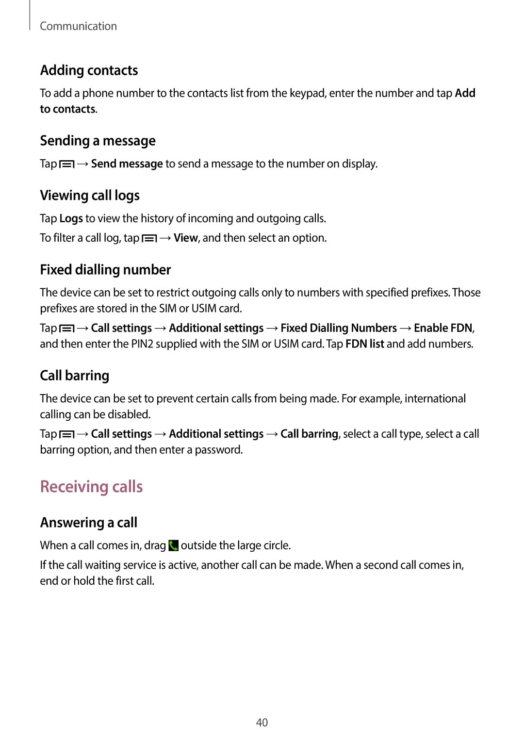 Samsung SM-G3500ZWABGL, SM-G3500ZIADBT, SM-G3500ZWATPL, SM-G3500ZWATMN, SM-G3500ZKAPRT, SM-G3500ZKADBT manual Receiving calls 