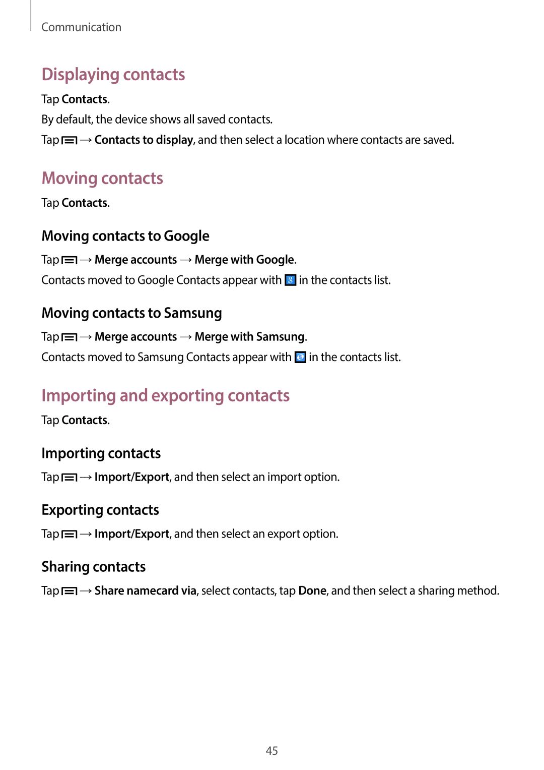 Samsung SM2G3500ZKATWO, SM-G3500ZIADBT manual Displaying contacts, Moving contacts, Importing and exporting contacts 