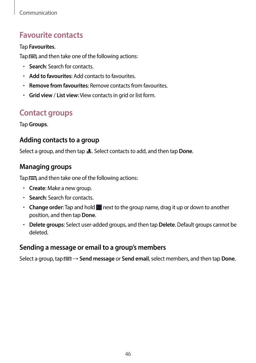 Samsung SM-G3500ZWACRO, SM-G3500ZIADBT Favourite contacts, Contact groups, Adding contacts to a group, Managing groups 