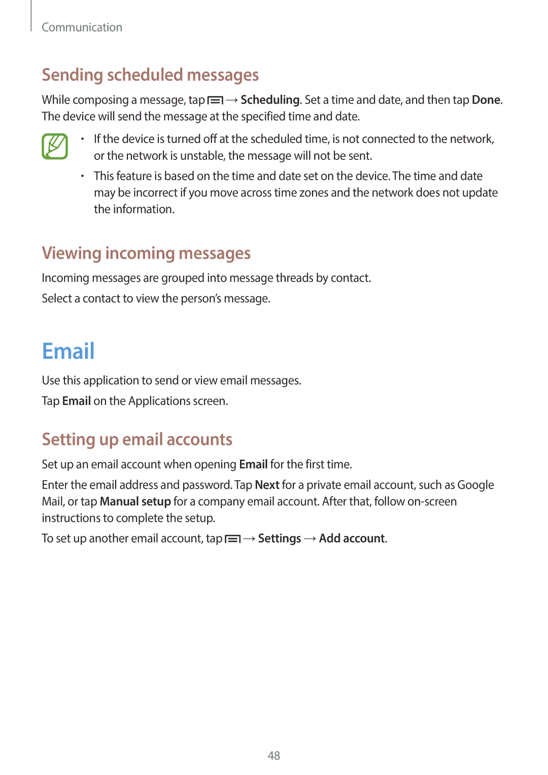 Samsung SM-G3500ZKACRO, SM-G3500ZIADBT Sending scheduled messages, Viewing incoming messages, Setting up email accounts 