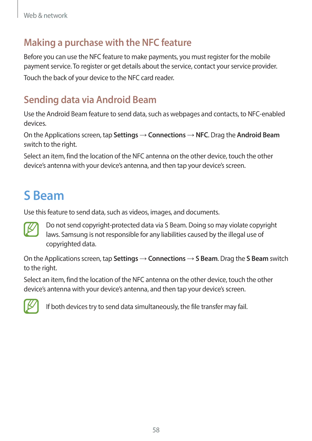 Samsung SM2G3500ZKATMS, SM-G3500ZIADBT manual Making a purchase with the NFC feature, Sending data via Android Beam 
