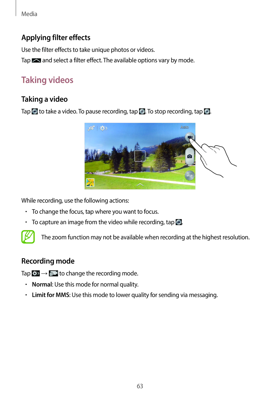 Samsung SM2G3500ZWAETL, SM-G3500ZIADBT manual Taking videos, Applying filter effects, Taking a video, Recording mode 