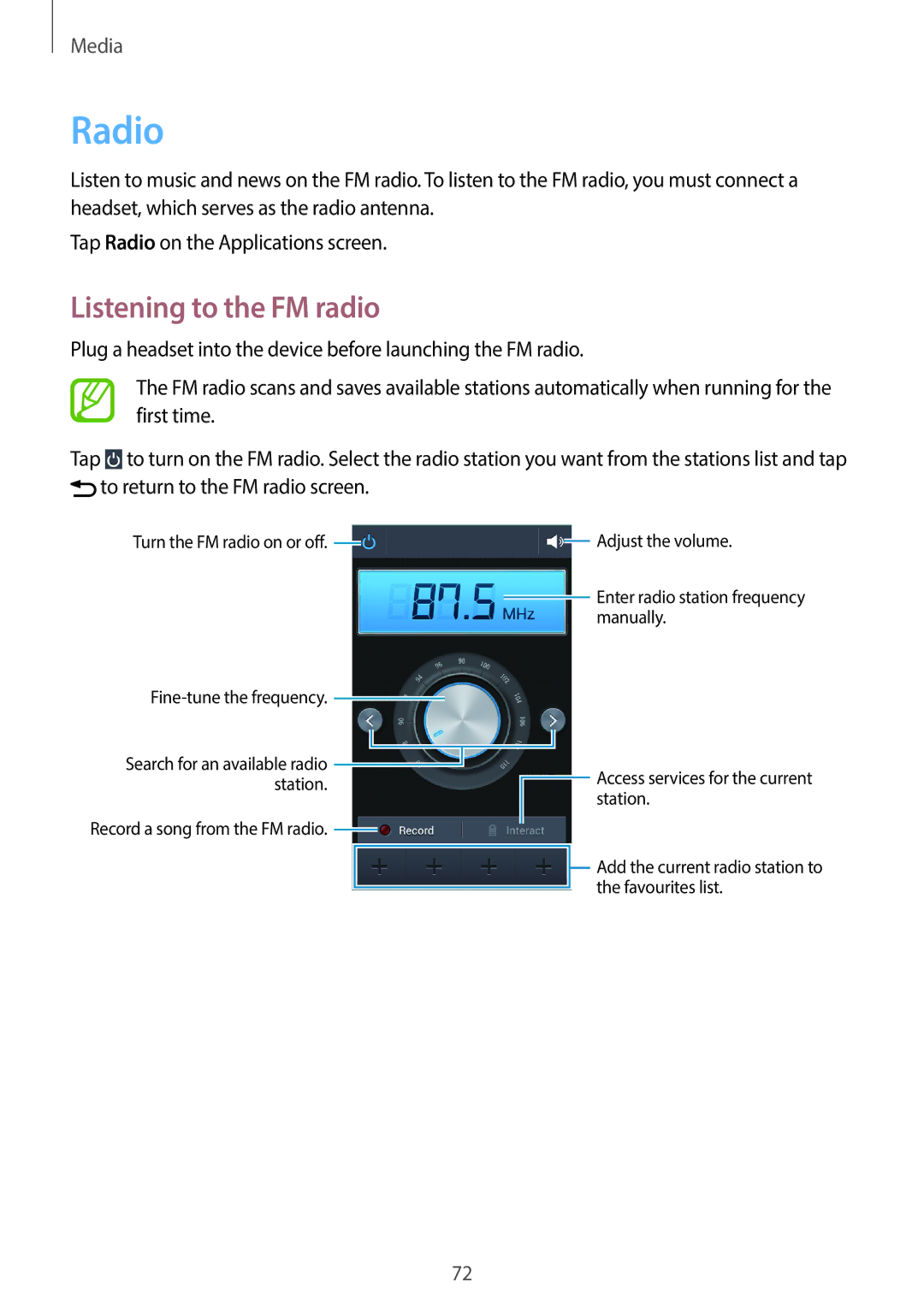 Samsung SM2G3500ZWAPAN, SM-G3500ZIADBT, SM-G3500ZWATPL, SM-G3500ZWATMN, SM-G3500ZKAPRT manual Radio, Listening to the FM radio 