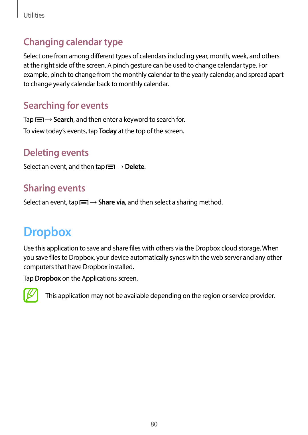 Samsung SM-G3500ZWAPRT manual Dropbox, Changing calendar type, Searching for events, Deleting events, Sharing events 