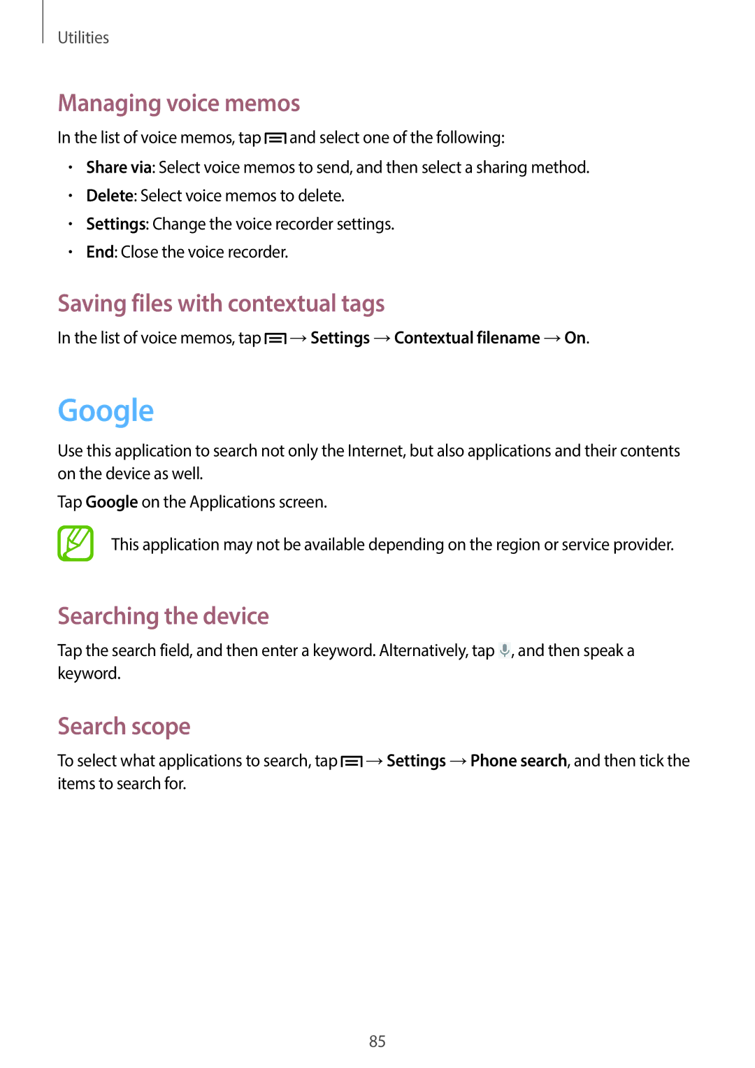 Samsung SM-G3500ZKAATO Google, Managing voice memos, Saving files with contextual tags, Searching the device, Search scope 