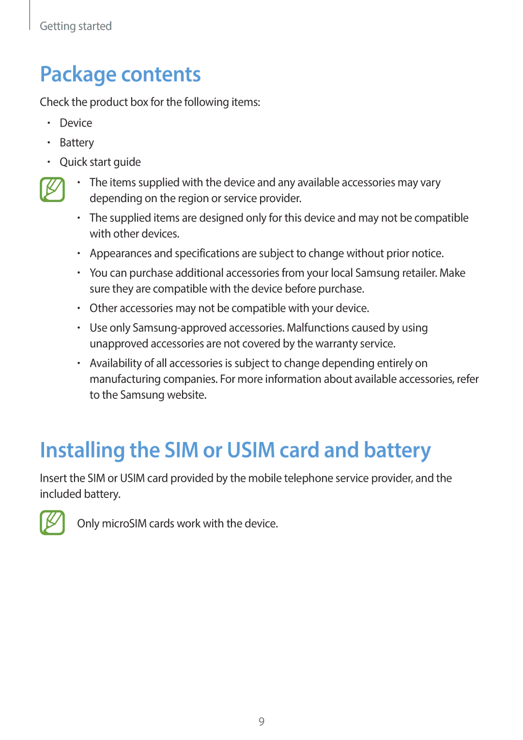 Samsung SM-G3500ZWAPLS, SM-G3500ZIADBT, SM-G3500ZWATPL manual Package contents, Installing the SIM or Usim card and battery 