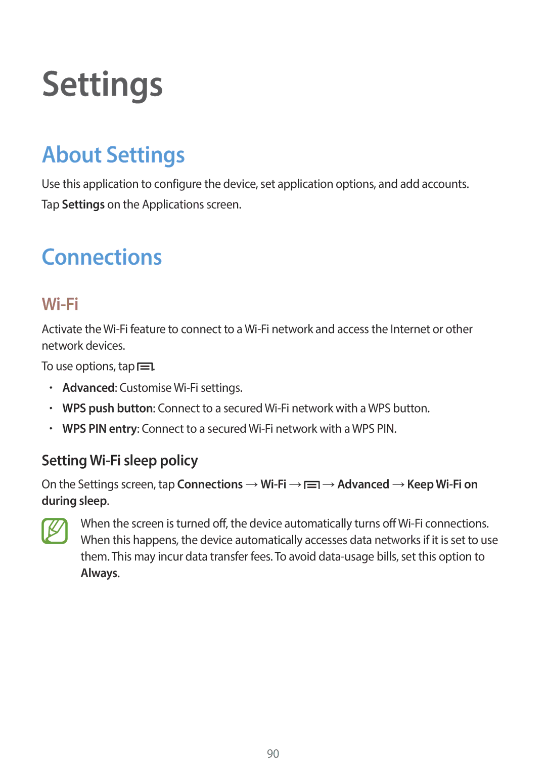 Samsung SM-G3500ZKAVGF, SM-G3500ZIADBT, SM-G3500ZWATPL manual About Settings, Connections, Setting Wi-Fi sleep policy 