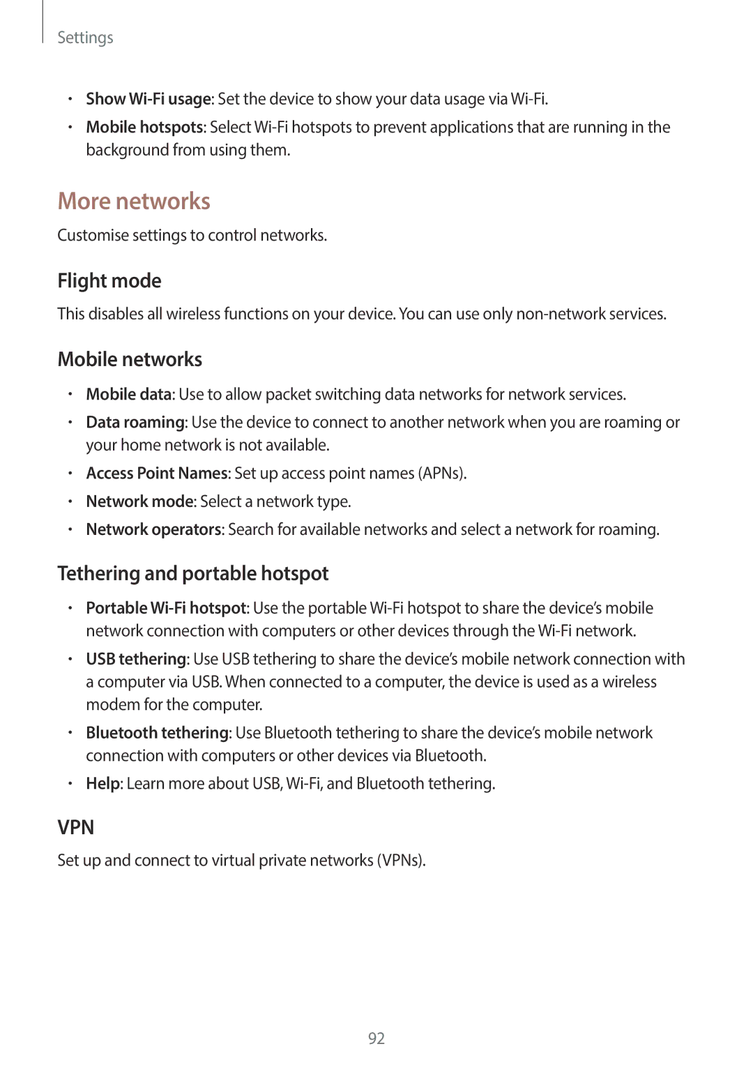 Samsung SM-G3500ZKAFTM, SM-G3500ZIADBT manual More networks, Flight mode, Mobile networks, Tethering and portable hotspot 