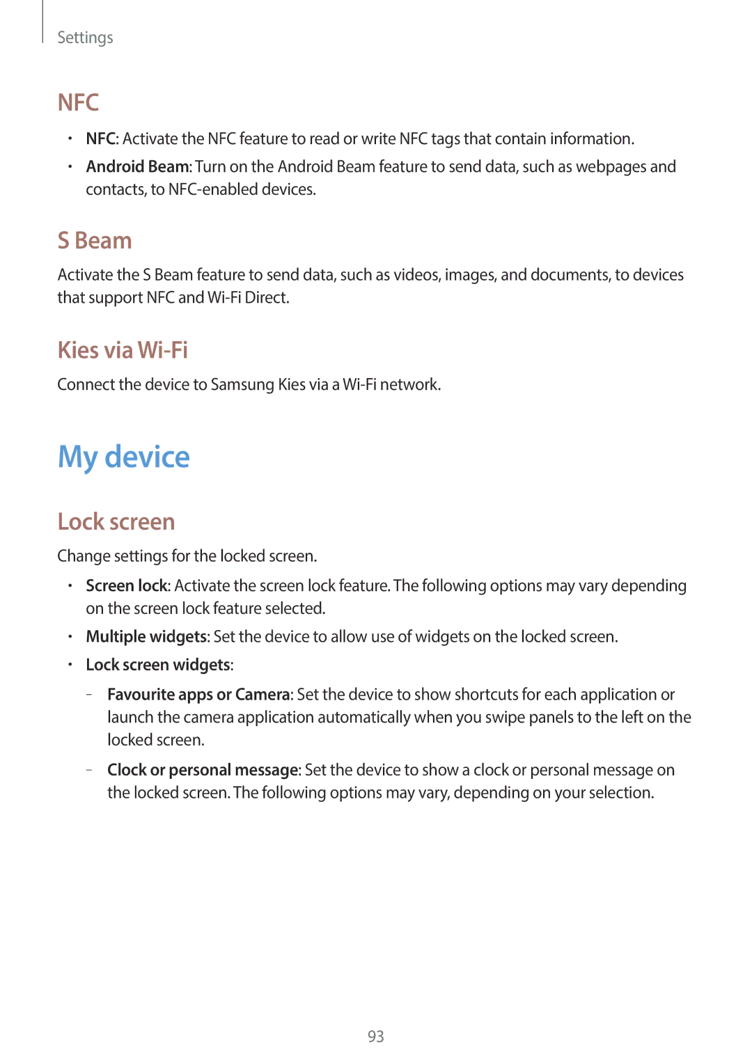 Samsung SM-G3500ZKAXEF, SM-G3500ZIADBT, SM-G3500ZWATPL manual My device, Beam, Kies via Wi-Fi, Lock screen widgets 