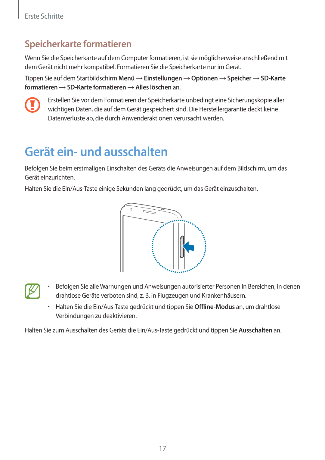 Samsung SM-G3500ZIADBT, SM-G3500ZWATPL, SM-G3500ZWATMN, SM-G3500ZKAPRT Gerät ein- und ausschalten, Speicherkarte formatieren 