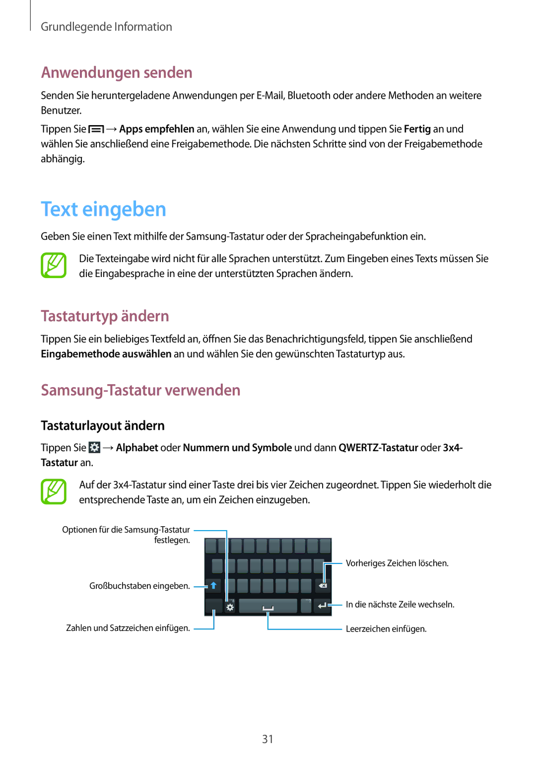 Samsung SM-G3500ZKAXEF, SM-G3500ZIADBT Text eingeben, Anwendungen senden, Tastaturtyp ändern, Samsung-Tastatur verwenden 