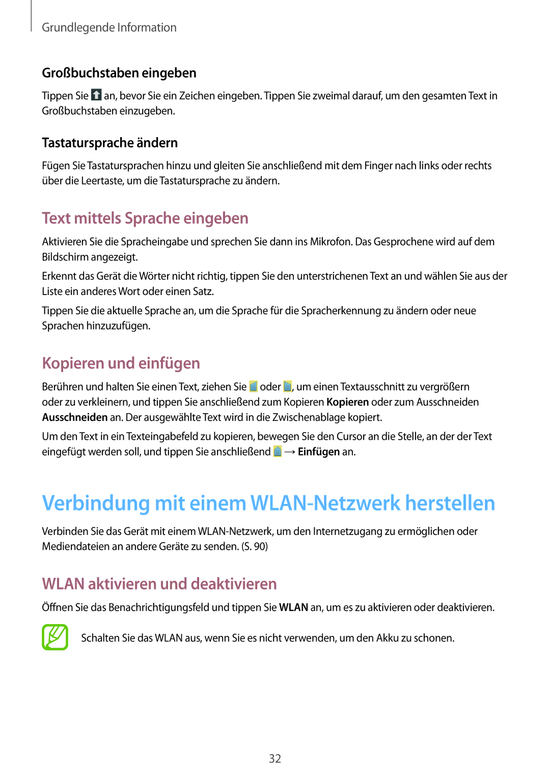 Samsung SM-G3500ZWAXEF manual Text mittels Sprache eingeben, Kopieren und einfügen, Wlan aktivieren und deaktivieren 