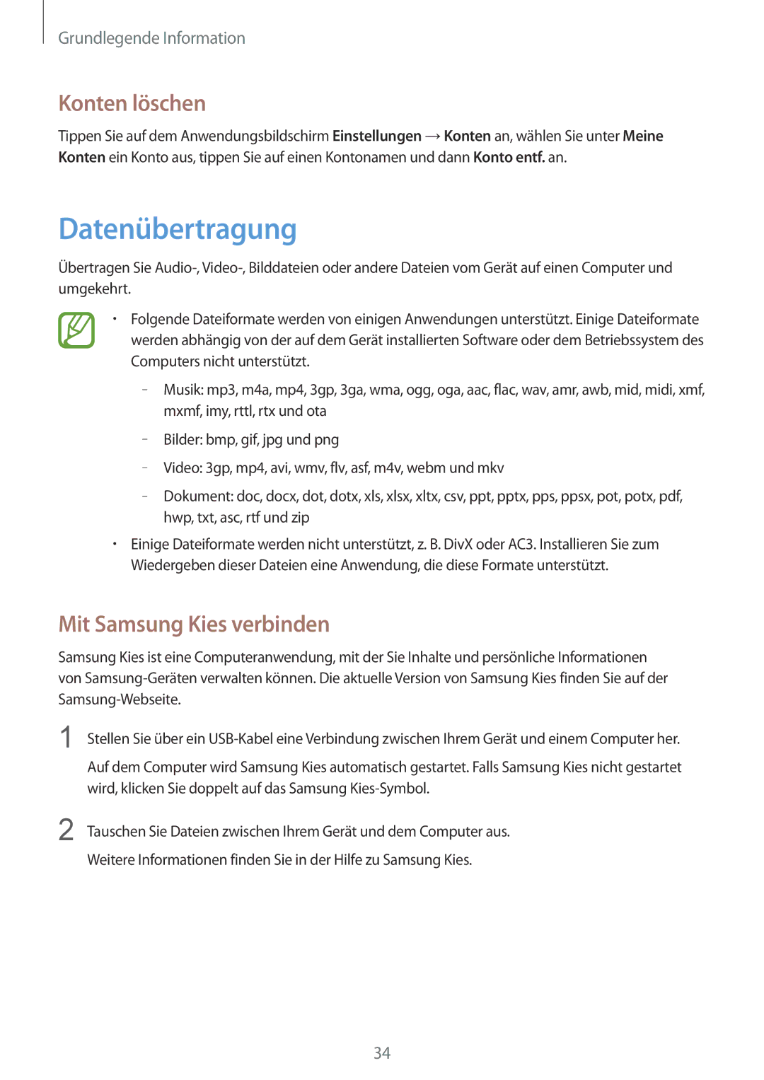 Samsung SM-G3500ZIADBT, SM-G3500ZWATPL, SM-G3500ZWATMN manual Datenübertragung, Konten löschen, Mit Samsung Kies verbinden 