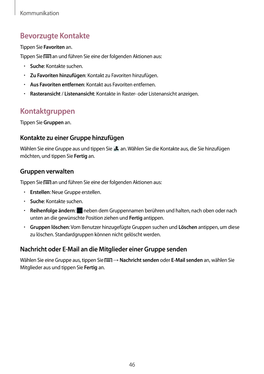 Samsung SM-G3500ZKATPL manual Bevorzugte Kontakte, Kontaktgruppen, Kontakte zu einer Gruppe hinzufügen, Gruppen verwalten 