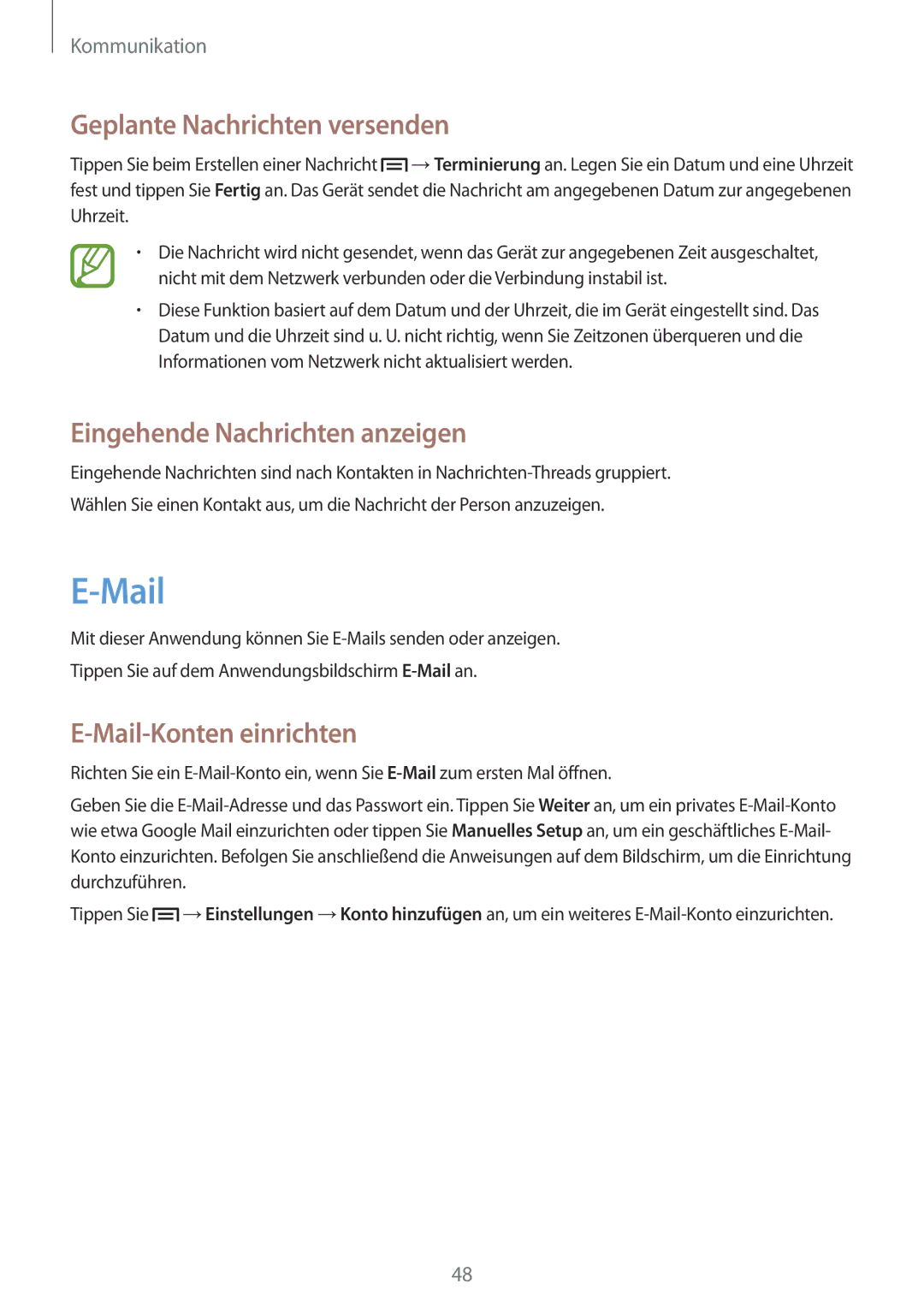 Samsung SM-G3500ZKAXEF manual Geplante Nachrichten versenden, Eingehende Nachrichten anzeigen, Mail-Konten einrichten 