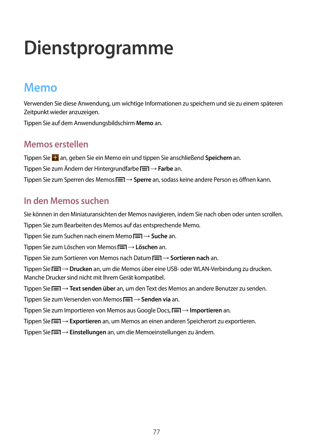 Samsung SM-G3500ZWAPLS, SM-G3500ZIADBT, SM-G3500ZWATPL manual Dienstprogramme, Memos erstellen, Den Memos suchen 