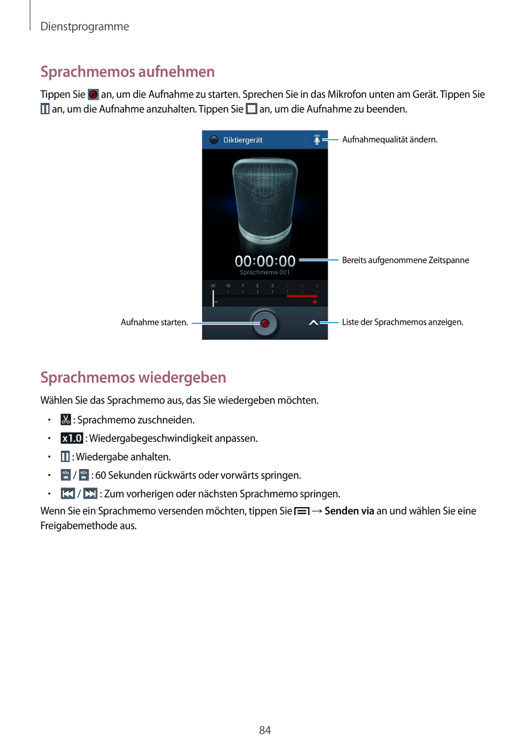 Samsung SM-G3500ZIAXEF, SM-G3500ZIADBT, SM-G3500ZWATPL, SM-G3500ZWATMN manual Sprachmemos aufnehmen, Sprachmemos wiedergeben 