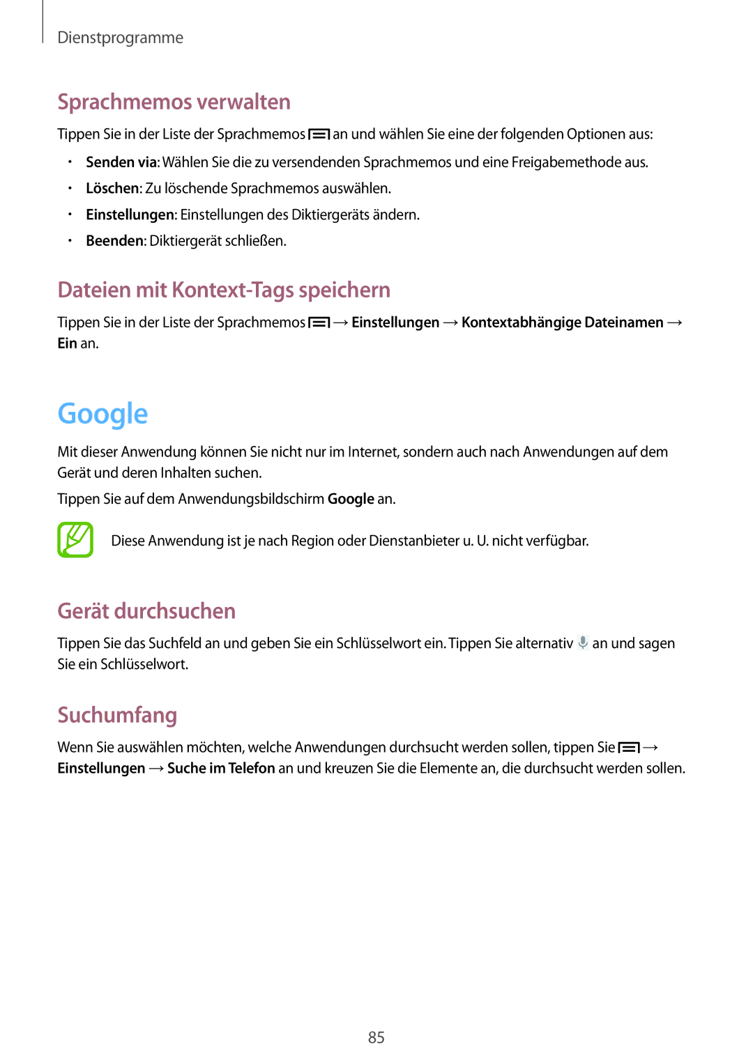 Samsung SM-G3500ZIADBT Google, Sprachmemos verwalten, Dateien mit Kontext-Tags speichern, Gerät durchsuchen, Suchumfang 