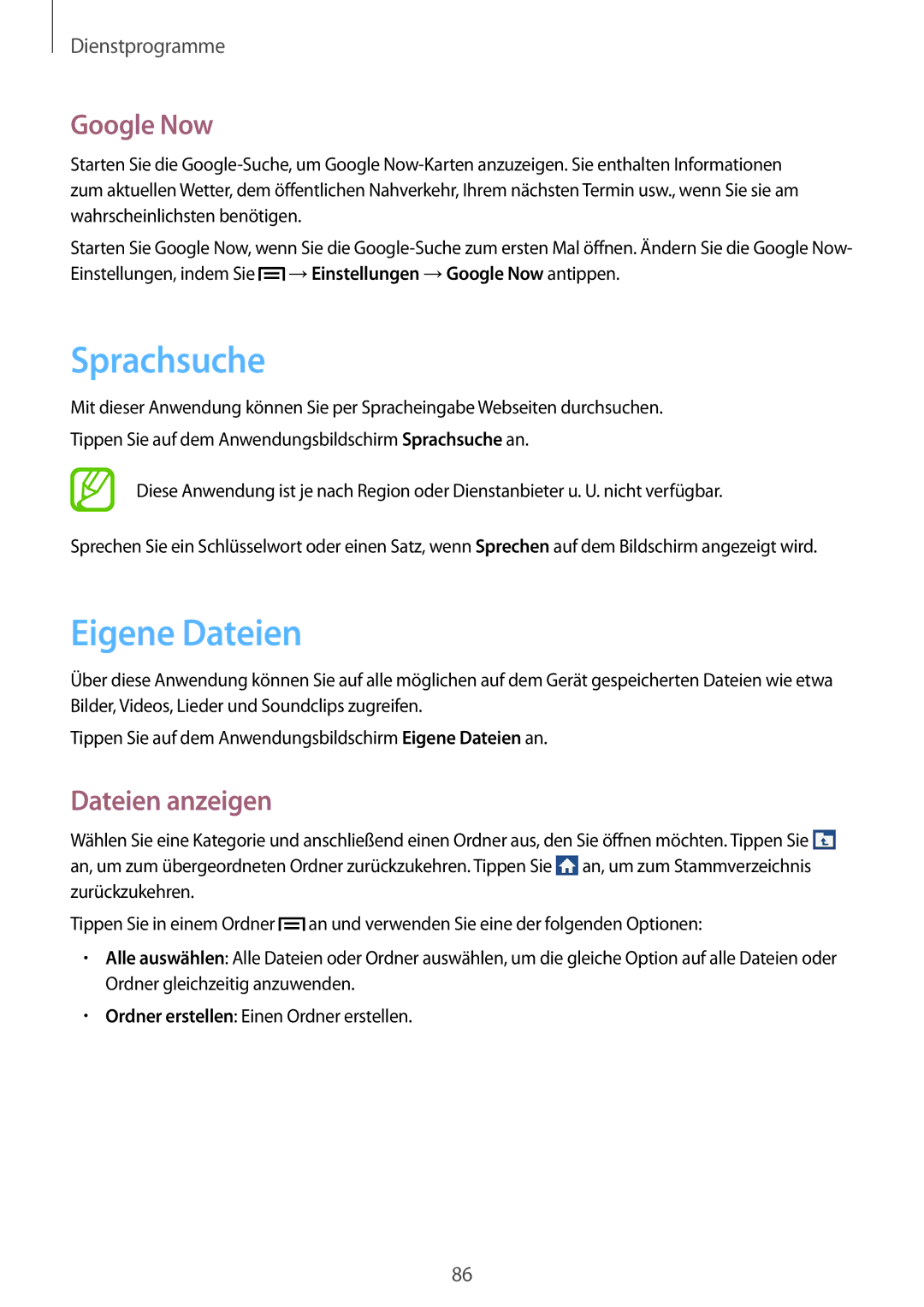 Samsung SM-G3500ZWATPL, SM-G3500ZIADBT, SM-G3500ZWATMN manual Sprachsuche, Eigene Dateien, Google Now, Dateien anzeigen 