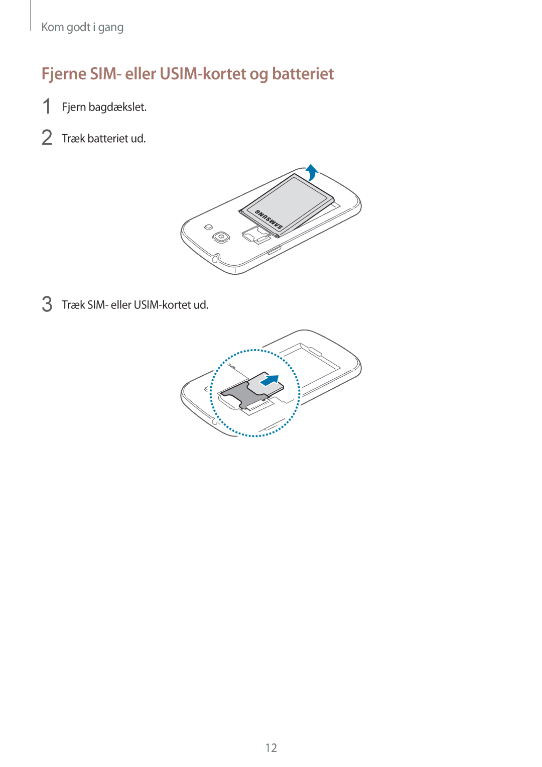 Samsung SM-G3500ZKANEE, SM-G3500ZWANEE, SM-G3500ZIANEE manual Fjerne SIM- eller USIM-kortet og batteriet 