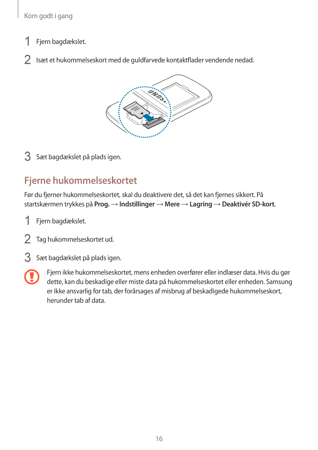 Samsung SM-G3500ZWANEE, SM-G3500ZKANEE, SM-G3500ZIANEE manual Fjerne hukommelseskortet 